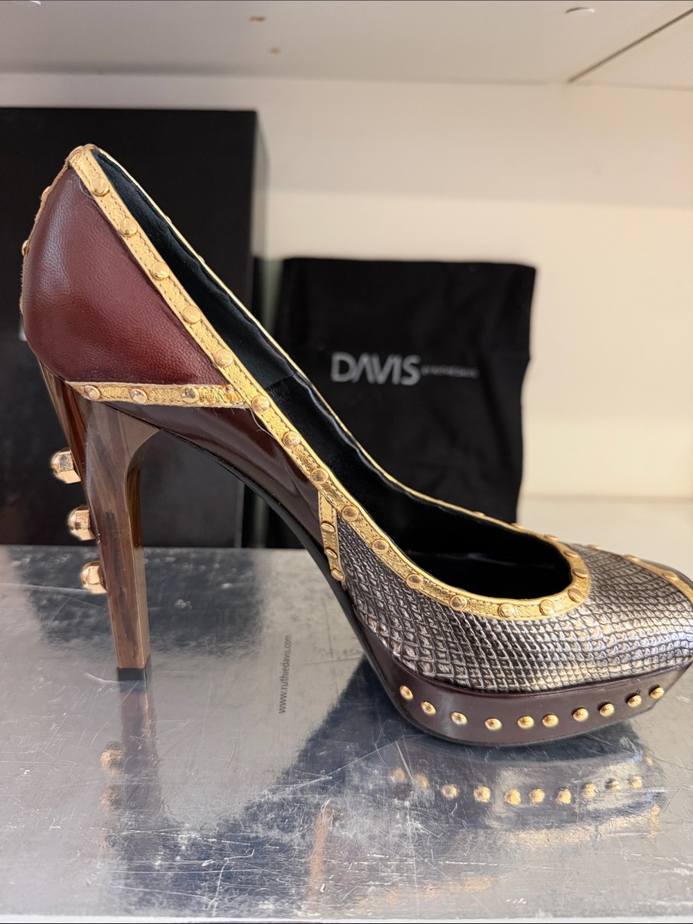 Ruthie Davis Burgundy and Gold Embossed Platform Pump